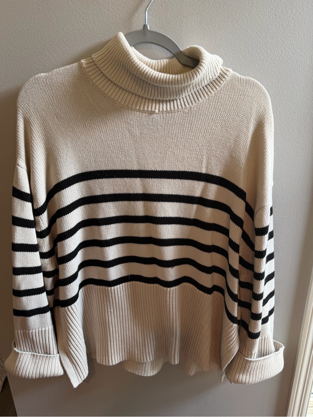Cream and Black Striped Turtleneck Sweater